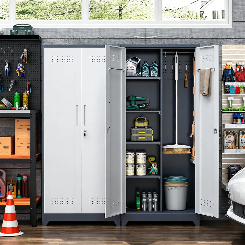 Broom Closet Storage Cabinet, 72" H Metal Garage Storage Cabinet with Lo...