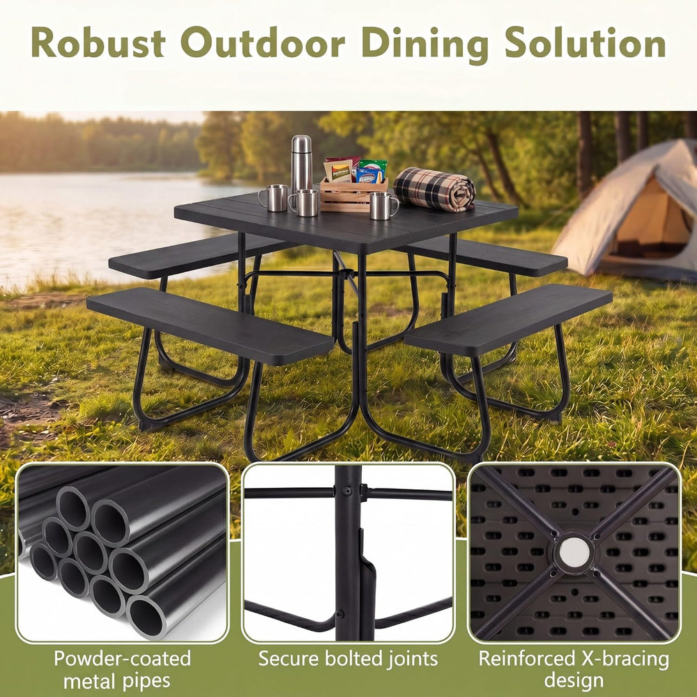 GYMAX Picnic Table Bench with Umbrella Hole, 8 Person Square Outdoor Picnic T...