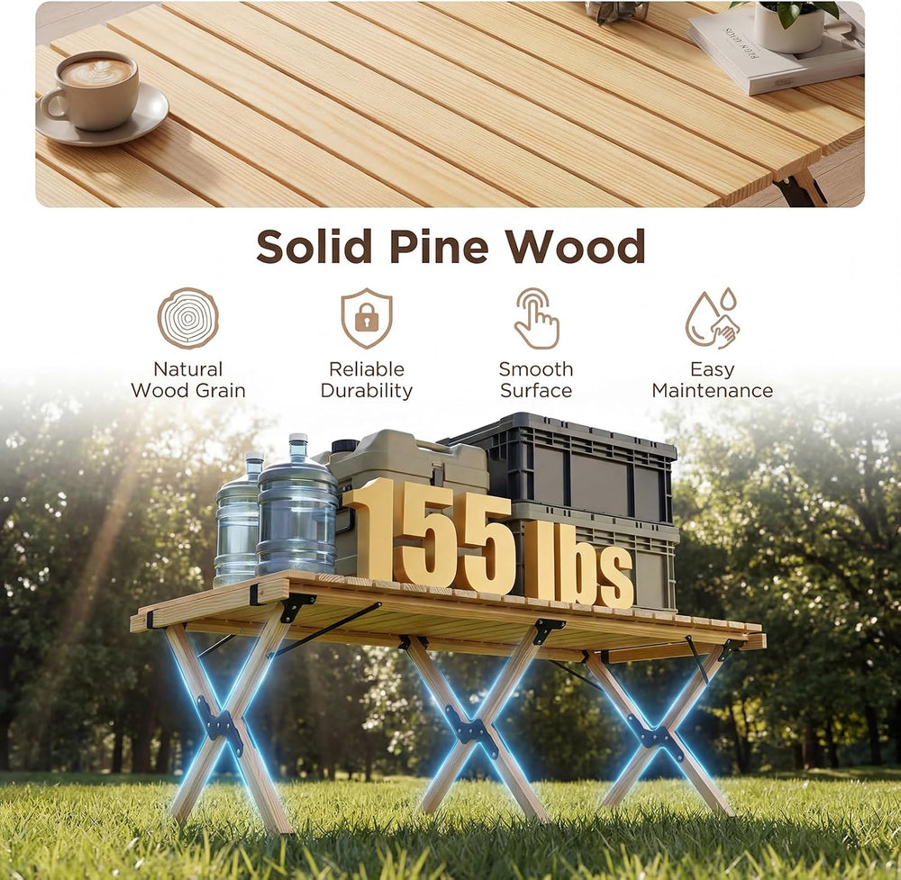 GYMAX 48 Inch Folding Camping Table, Roll-Up Pine Wood Picnic Table with Carr...