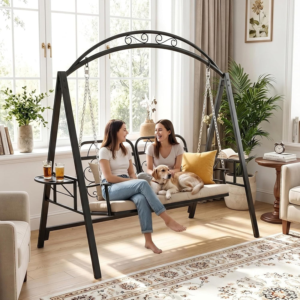 Porch Swing with Stand, 2-Person Metal Patio Swing with Cup Holder