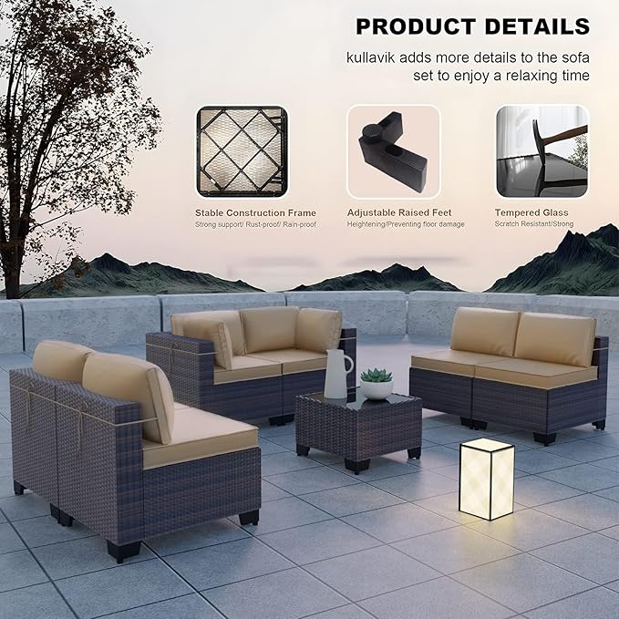 Kullavik 7 Pieces Outdoor Patio Furniture Set PE Wicker Rattan Sectional Sofa...