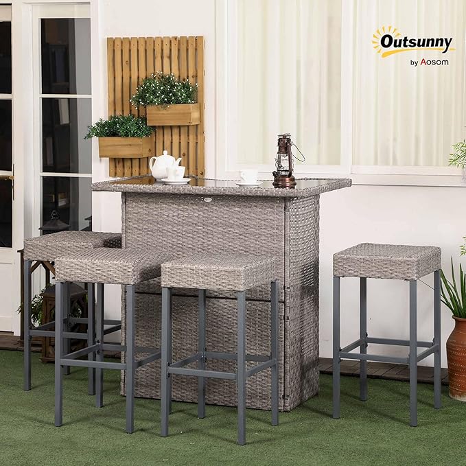 Outsunny 5 Piece Wicker Outdoor Bar Set, High Top Outdoor Table and Chairs, B...