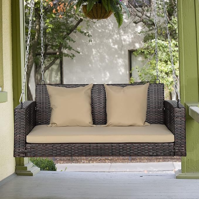 VINGLI Heavy Duty 800 LBS Wicker Hanging Porch Swing with Cushions & Chai...