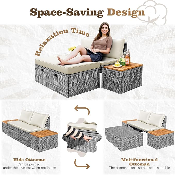 Flamaker Outdoor Rattan Daybed with 2 Side Tables, Multifunctional Wicker Pat...