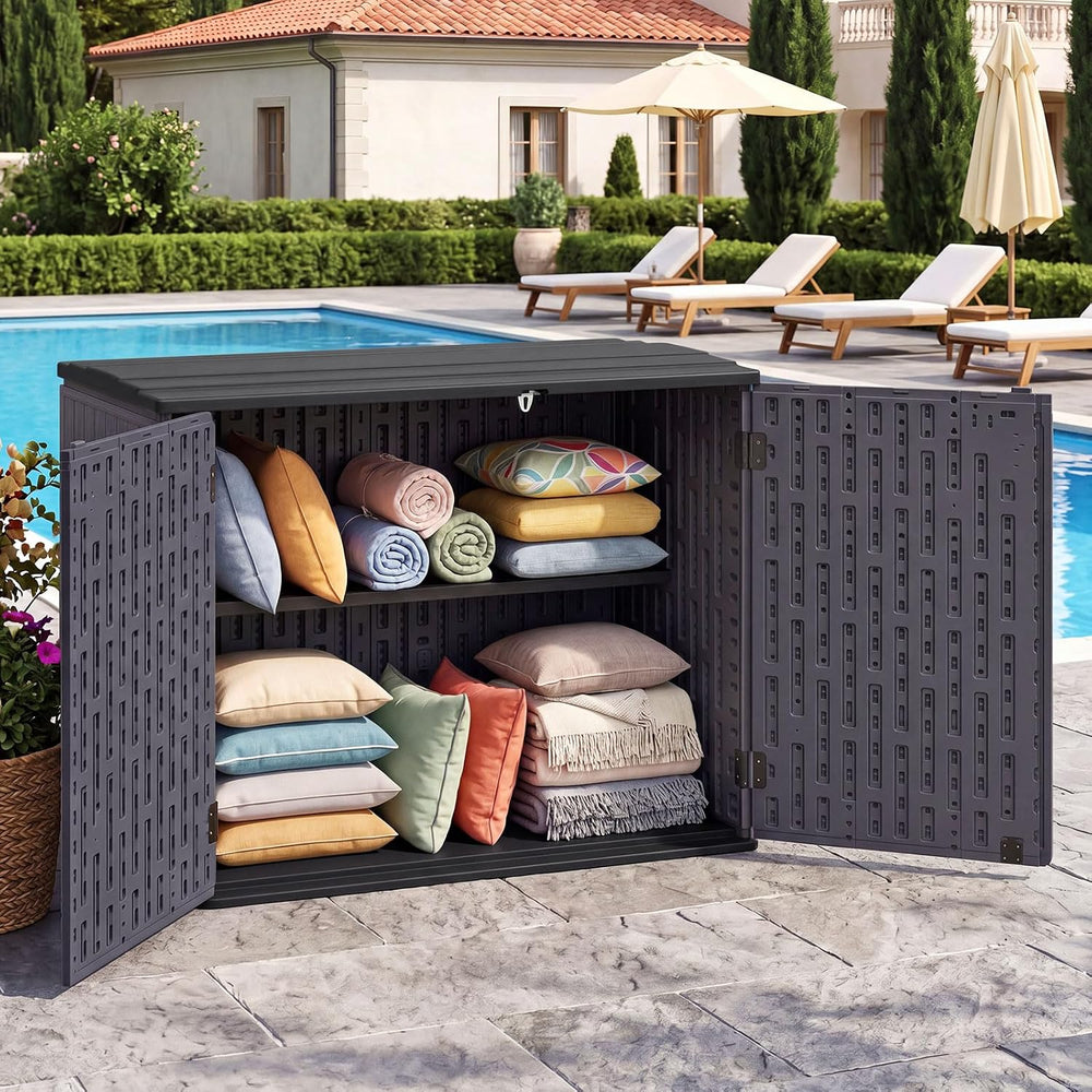 DREAMADE Horizontal Outdoor Storage Cabinet, 20 Cu.Ft Resin Shed, Brown