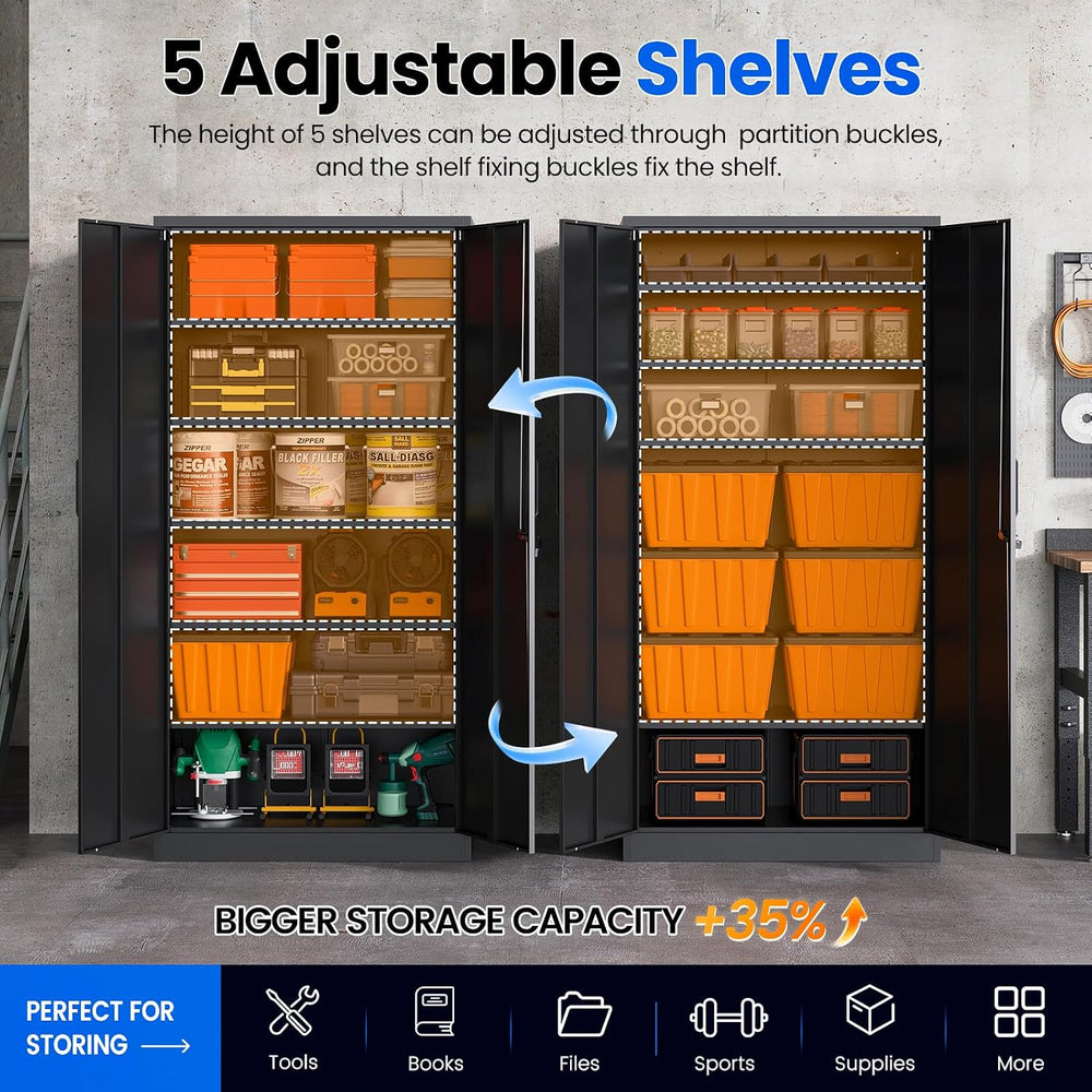 MIIIKO Metal Garage Storage Cabinet with 2 Doors and 5 Shelves,71" Tall ...