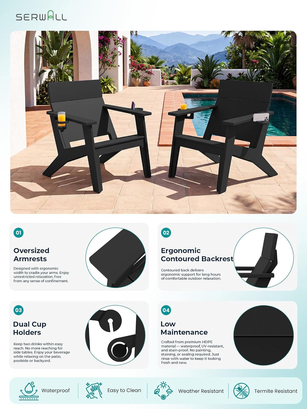 SERWALL Modern Adirondack Chair Tall Lounge Chair with Cup Holder, Black