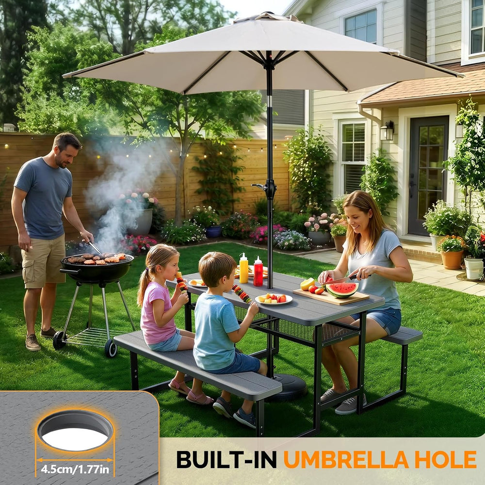 VINGLI 4.5FT Outdoor Picnic Table with Storage Shelf & Umbrella Hole, All...