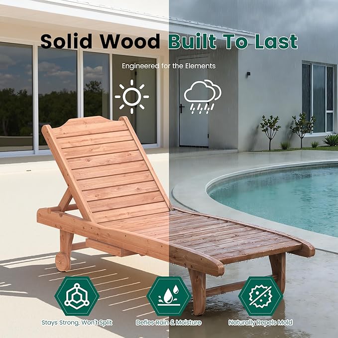Wooden Chaise Lounge Chair, 3-Position Adjustable Outdoor Tanning Chair with ...