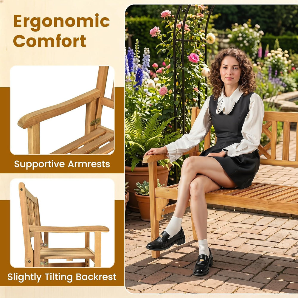 HAPPYGRILL Outdoor Patio Bench Acacia Wood Garden Bench with Backrest and Arm...