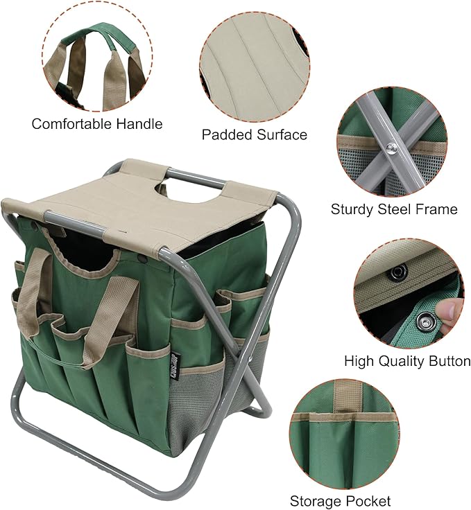 MDSTOP Folding Gardening Stool with Detachable Storage Tote Bag, Gardening To...