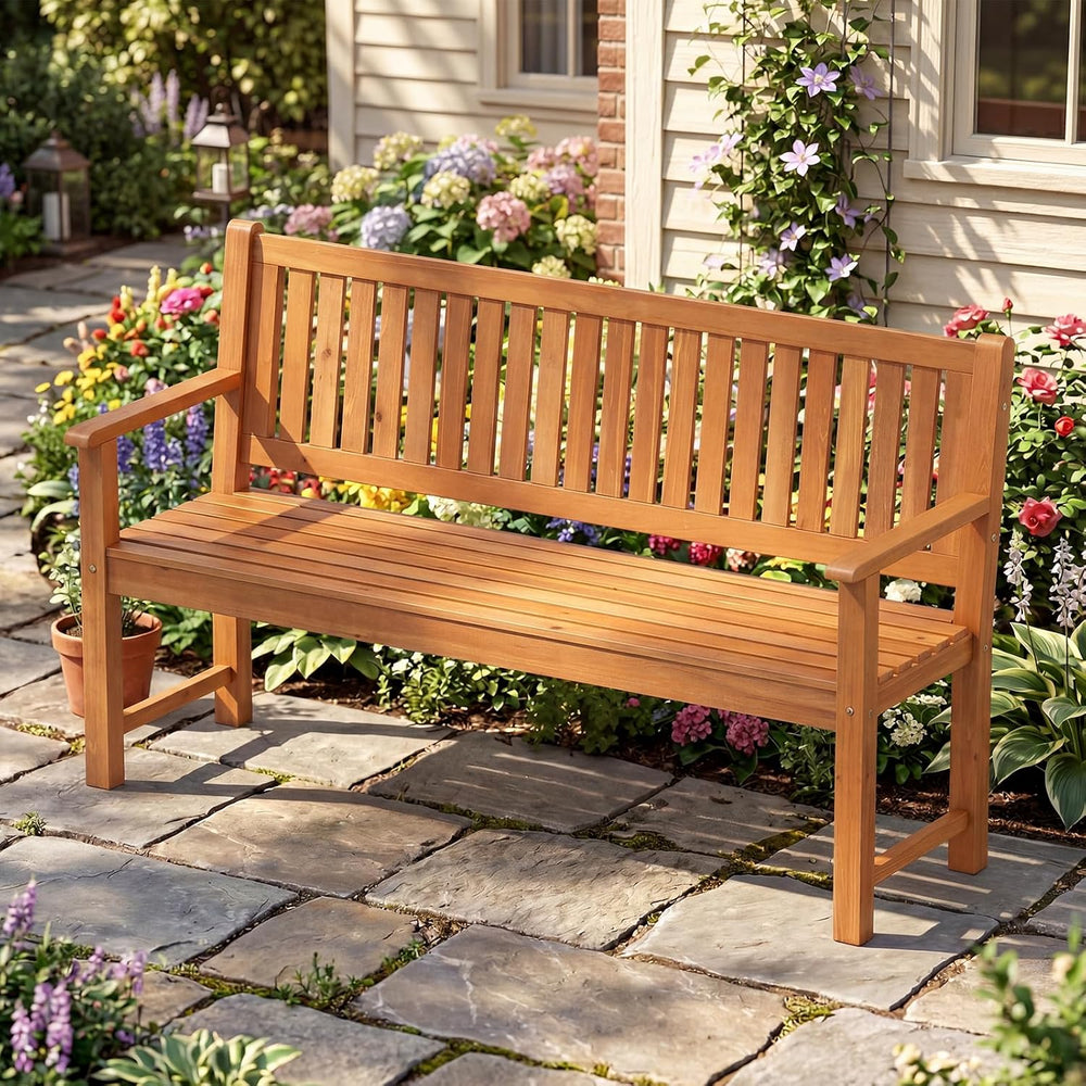 Tangkula 3-Seater Outdoor Wooden Bench, 59-Inch Large Garden Bench, Natural