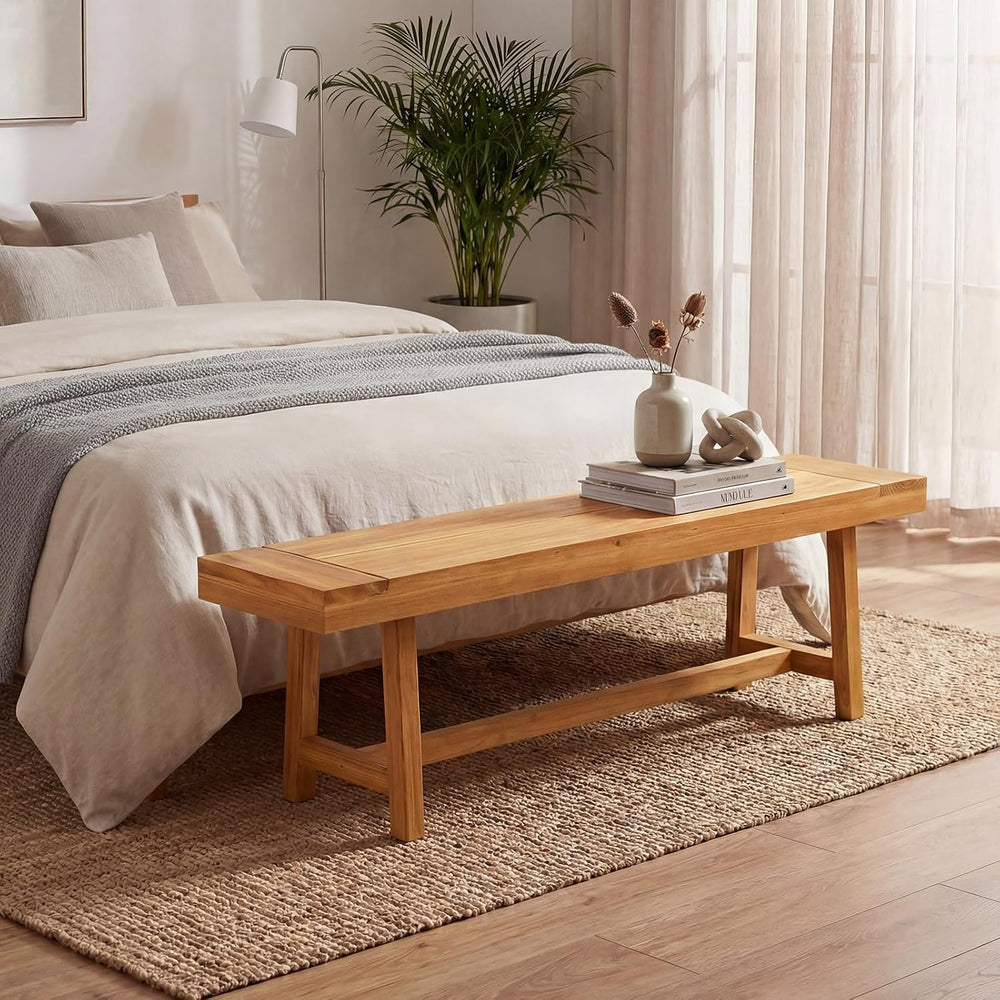 GIANTEX 63" Dining Bench for 3-Person, Farmhouse Teak Wood Entryway Benc...