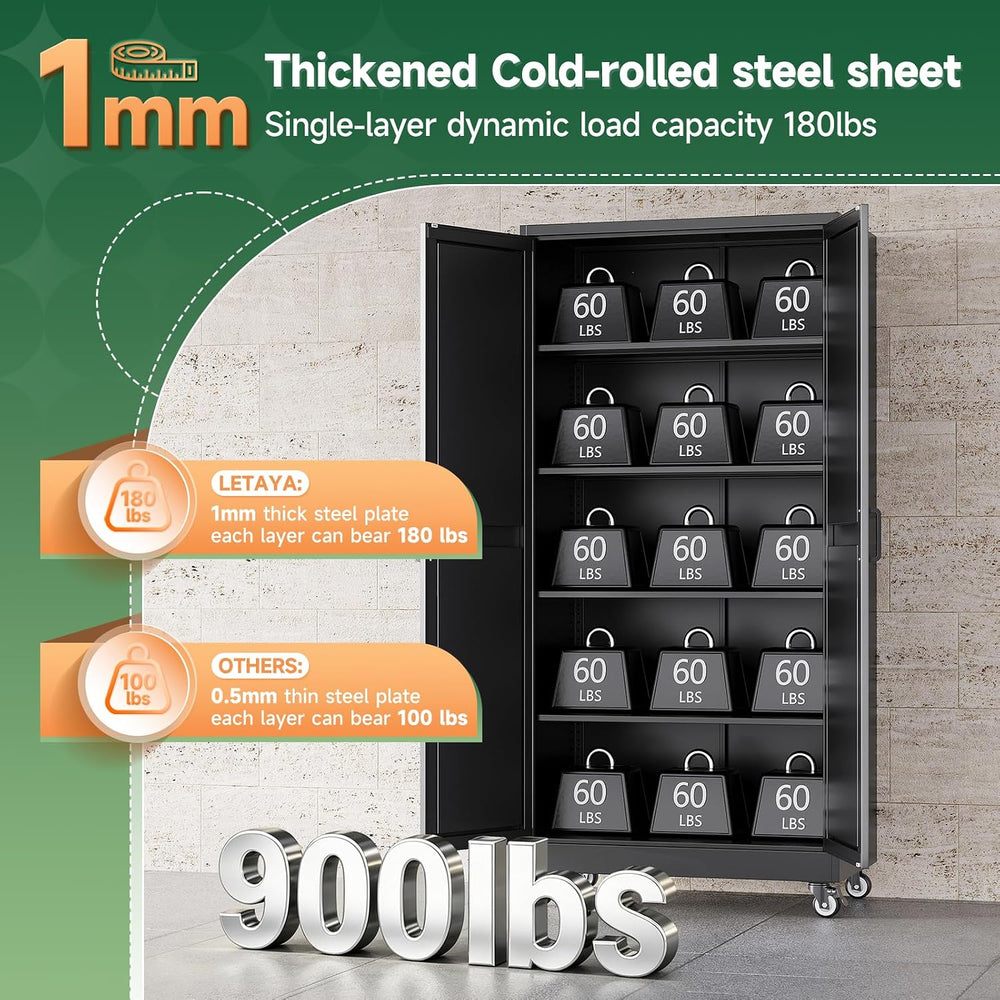 Letaya Metal Garage Storage Cabinet with Wheels,72" Black Tool Steel Locker