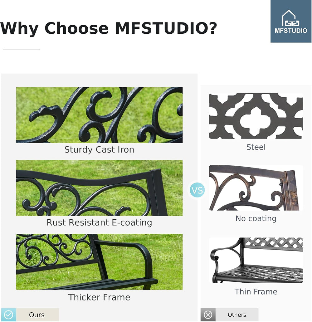 MFSTUDIO 50 Inches Outdoor Garden Bench Cast Iron Metal Frame, Floral Black