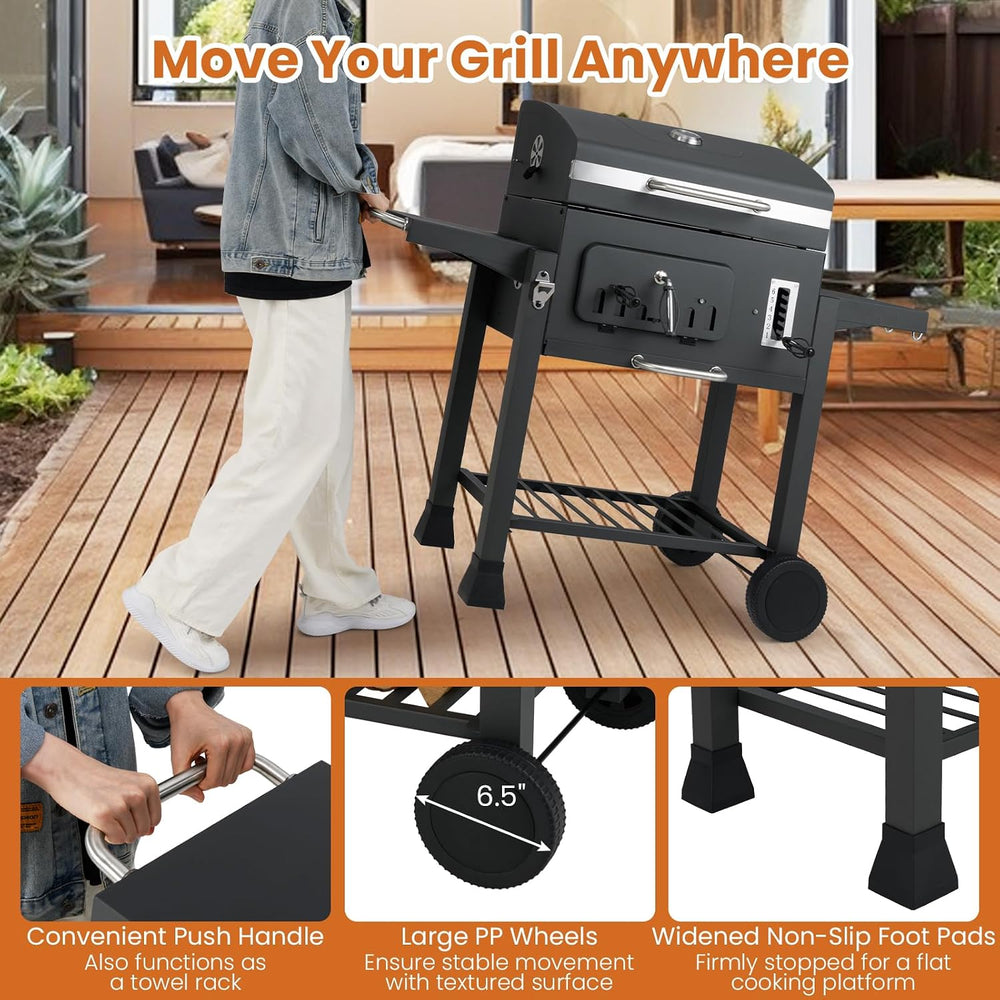 Happygrill Barrel Charcoal Grill with 2 Folding Side Tables & 2 Wheels