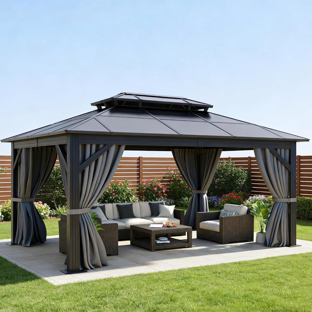 DWVO 10x12ft Gazebo Hardtop Double Roof Polycarbonate Canopy Outdoor with Net...