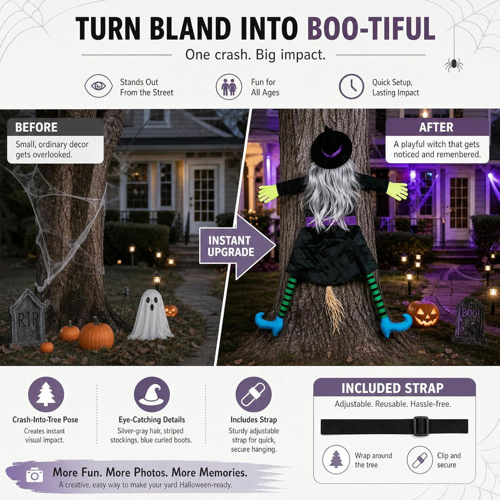 Halloween Decoration Outdoor, Tree Hugging Witch with Silver Gray Hair