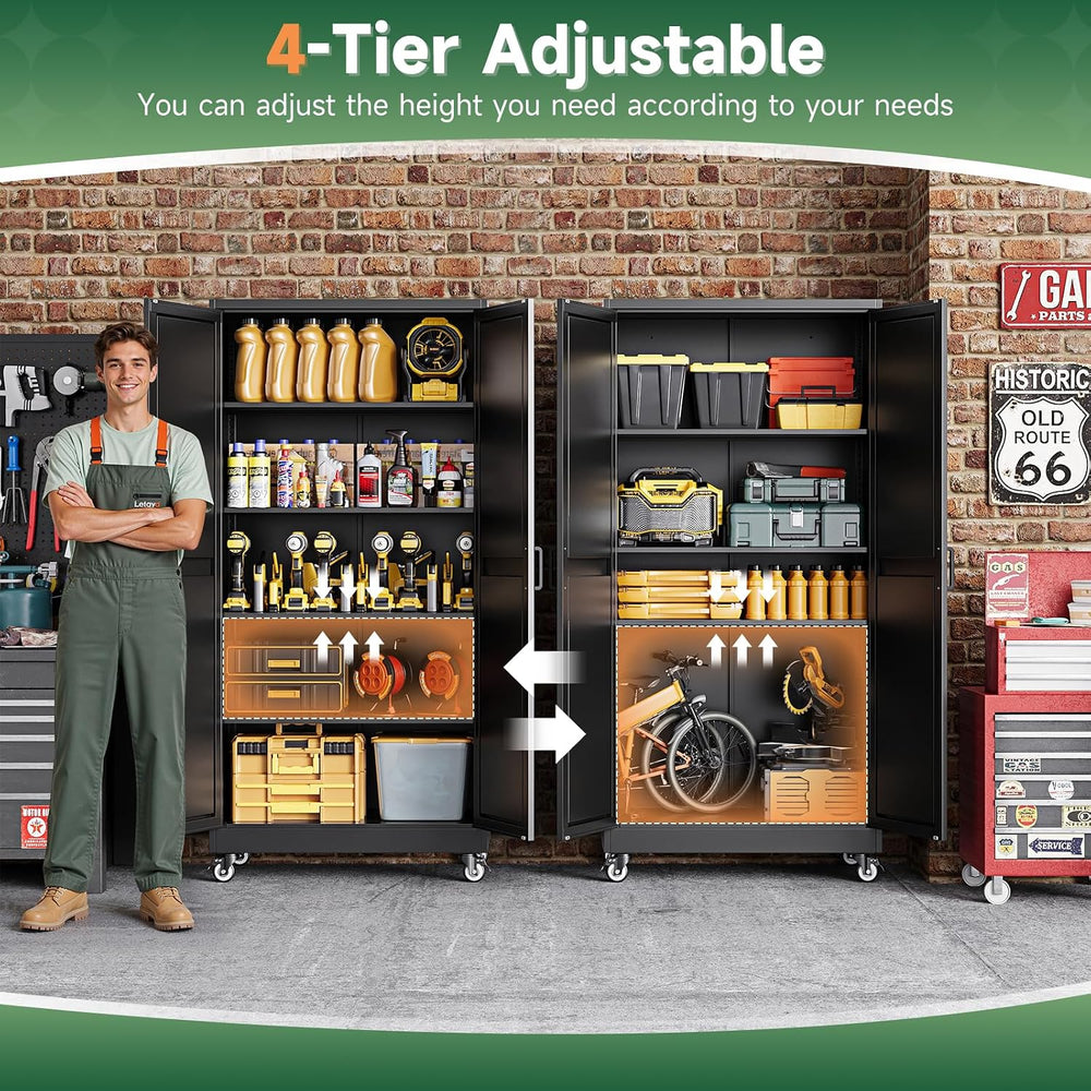 Letaya Metal Garage Storage Cabinets with Wheels,71”H Black Kitchen Pantry