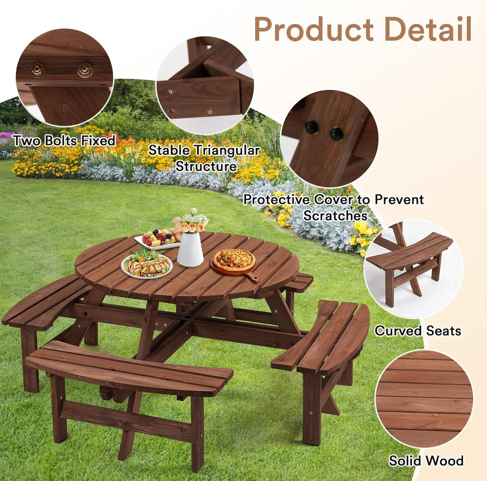 Zevemomo Round Picnic Table Wood for 8 People, Brown
