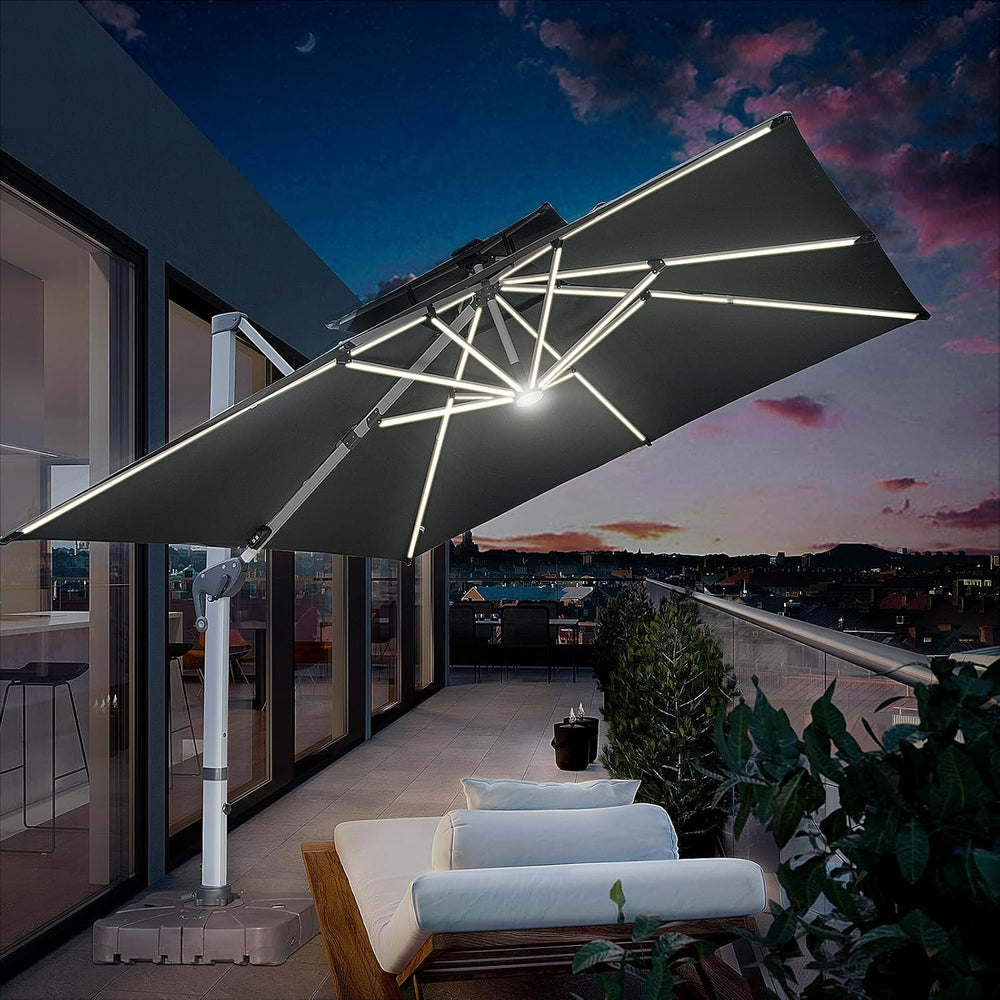 10x10 FT Square Cantilever Patio Umbrella with Solar LED Lights and Cross Bas...
