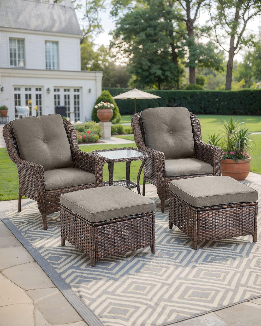 Patio Ottoman Outdoor Wicker Side Table - 2PCS Multipurpose Heavy Duty All-We...