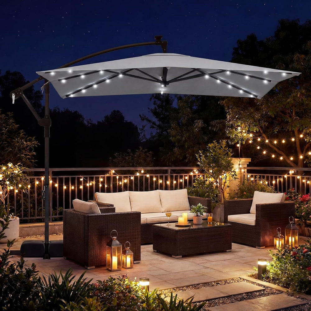 Tangkula 8x8 FT Solar Patio Umbrella with Base Included, Square Offset Cantil...