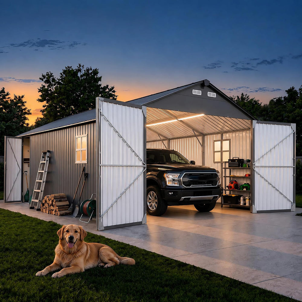 13x20x9.5 FT Outdoor Metal Garage, Enclosed Carport with Solar Light Bars