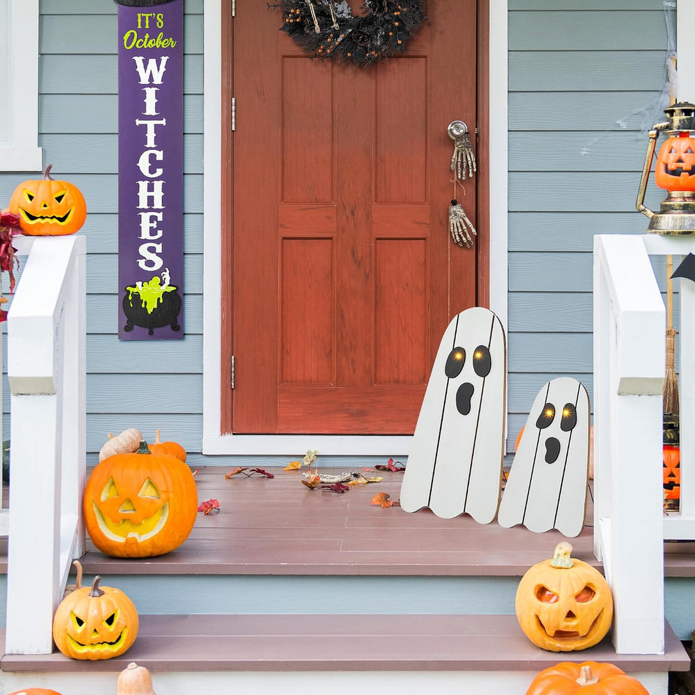 Glitzhome Set of 2 Halloween Lighted Wood Ghost Porch Decor - 24" H &...