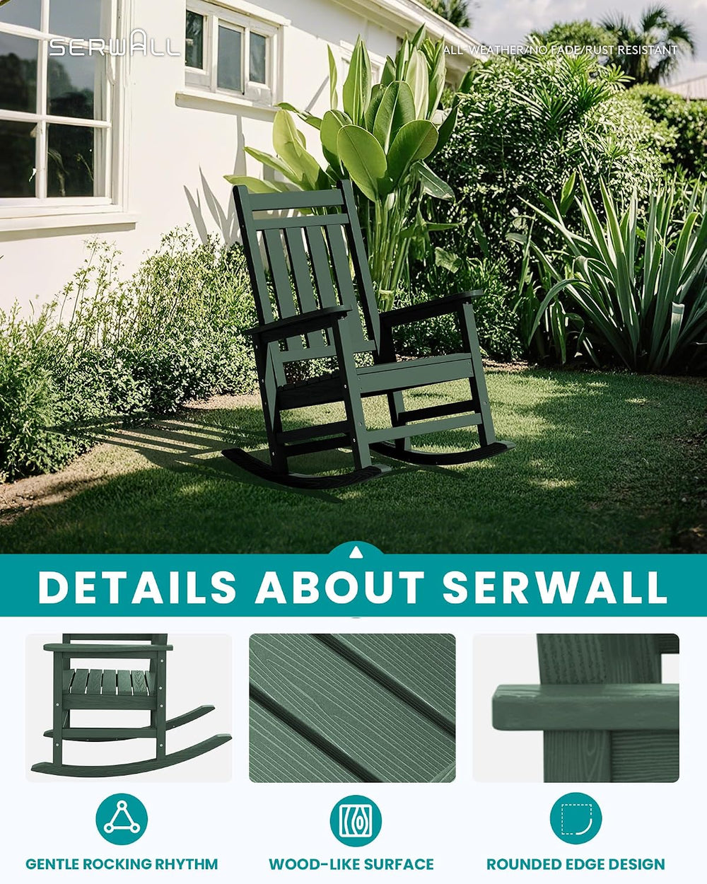 SERWALL HDPE Rocking Chair, Oversized Rocking Chair for Adults, Green