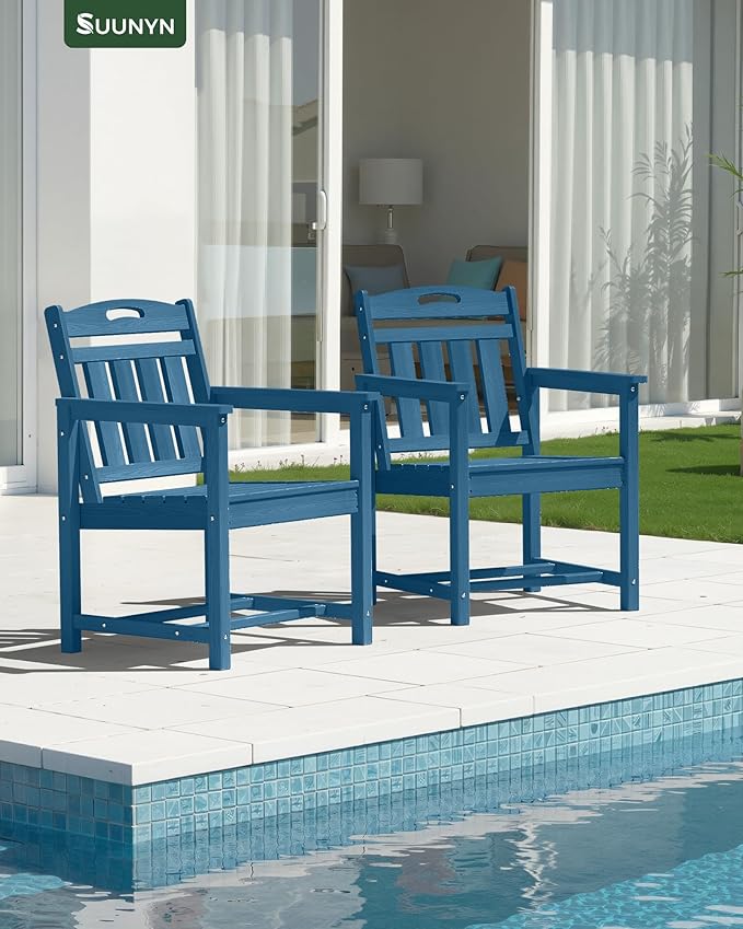 Set of 2 Weatherproof Patio Chairs - HDPE Outdoor Dining Chairs with Wide Sea...