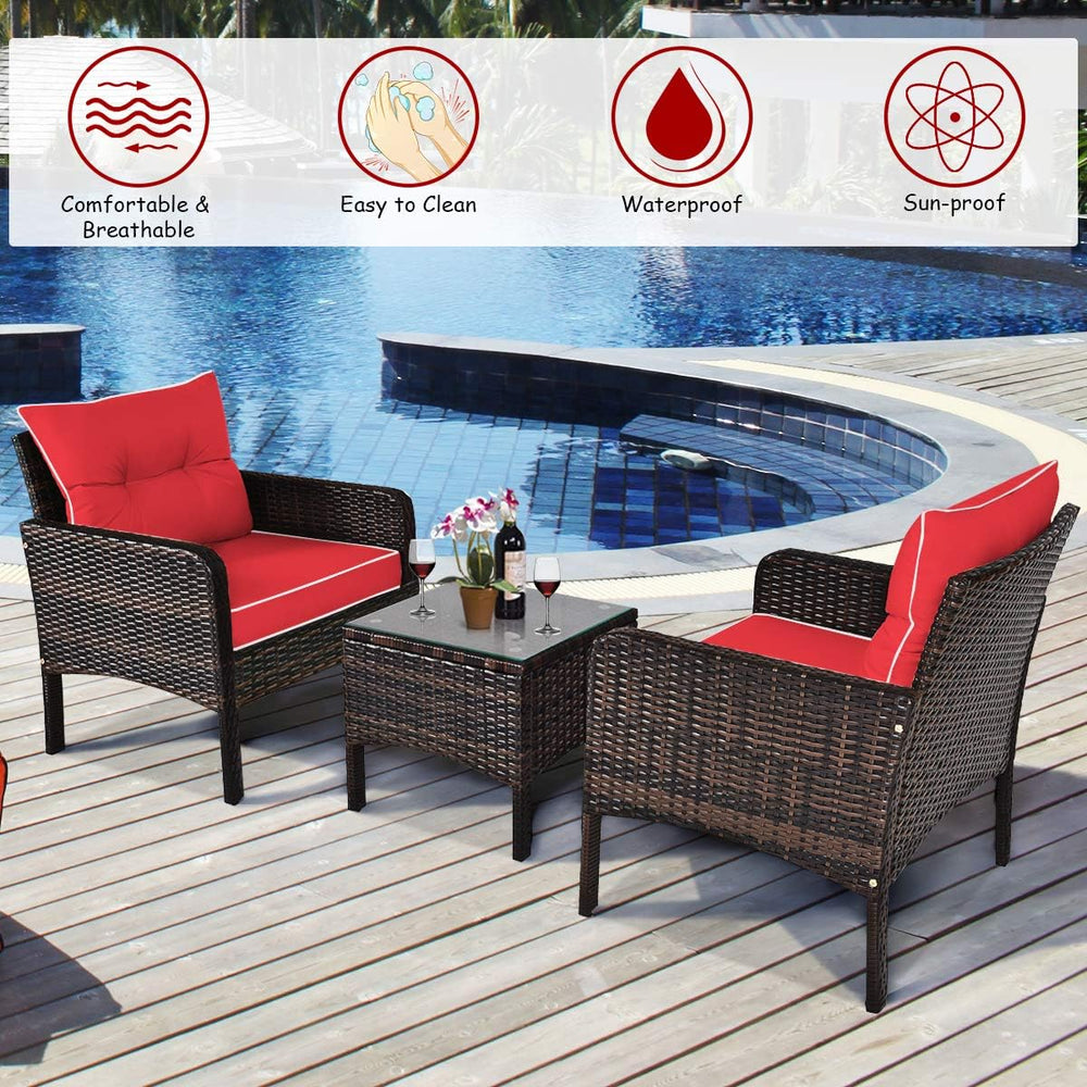 HAPPYGRILL 3 Pieces Patio Furniture Set, Outdoor Rattan Wicker Conversation S...
