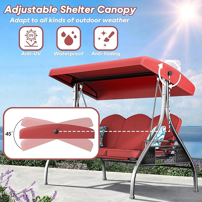 3 Seat Outdoor Porch Patio Swing with Stand 800lbs 2-in-1 Convertible Swing B...