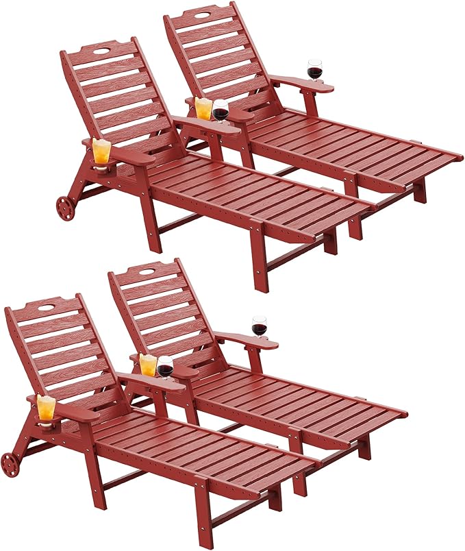 Carauci Lounge Chair Outdoor Set of 4, HDPE Chaise Lounge with Wheels, 5-Posi...