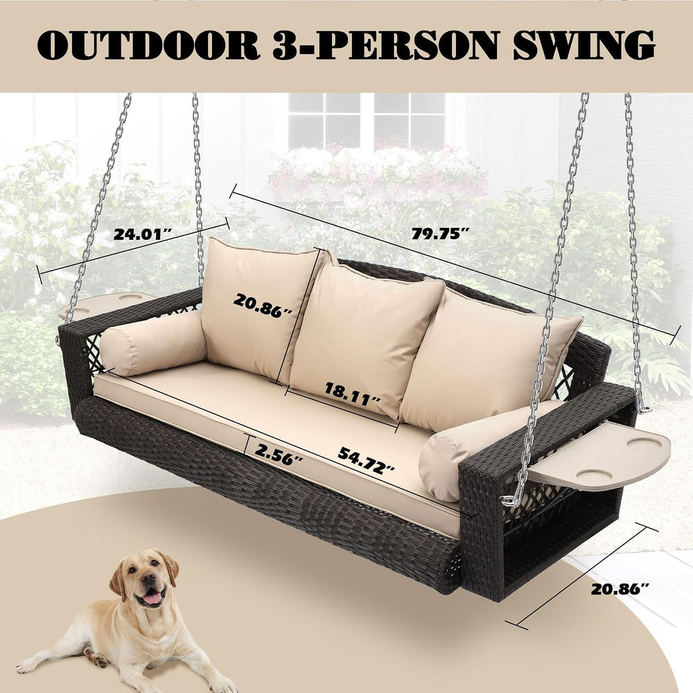 3-Person Hanging Porch Swing, Outdoor Wicker Swing with Cup Holders