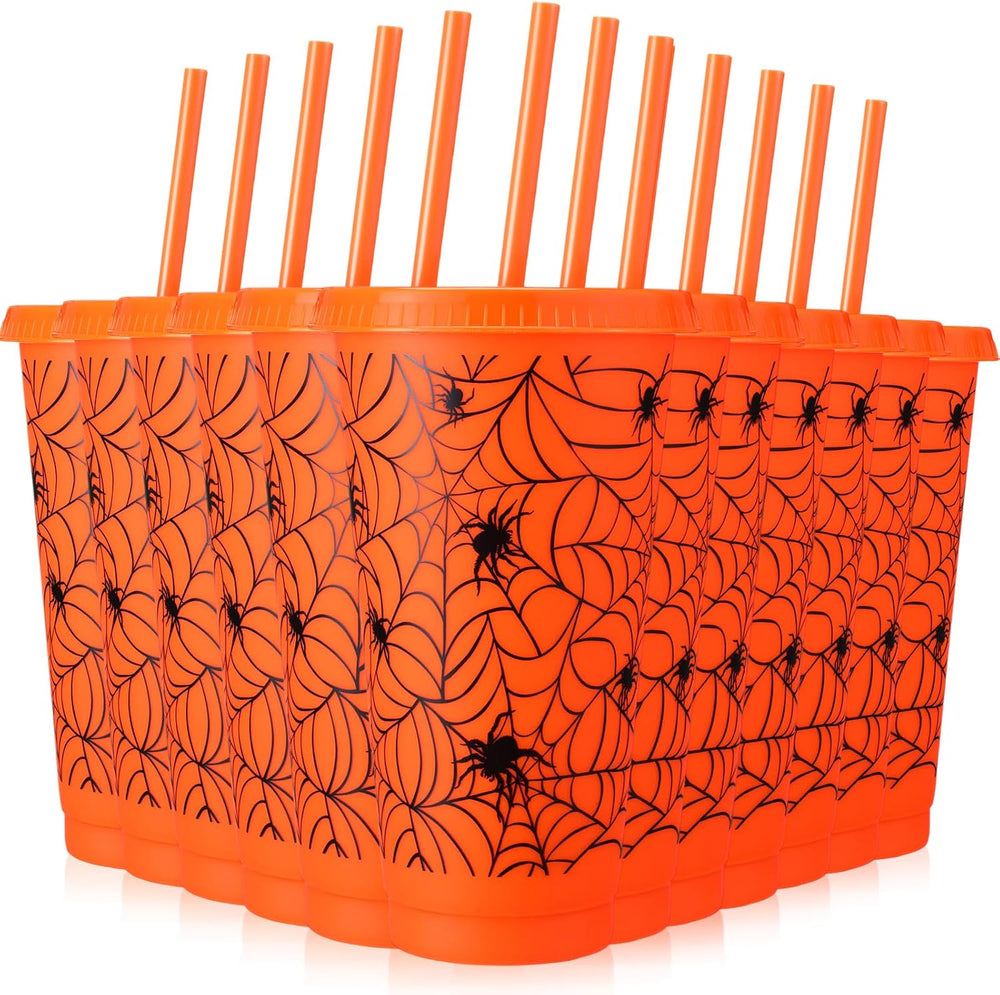 Funnymoom 24 Pcs Orange Halloween Spiderweb Plastic Cups Bulk, 24 oz