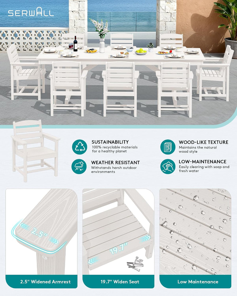 SERWALL 10Pcs 84" HDPE Outdoor Dining Set w/Armchairs & Umbrella,White