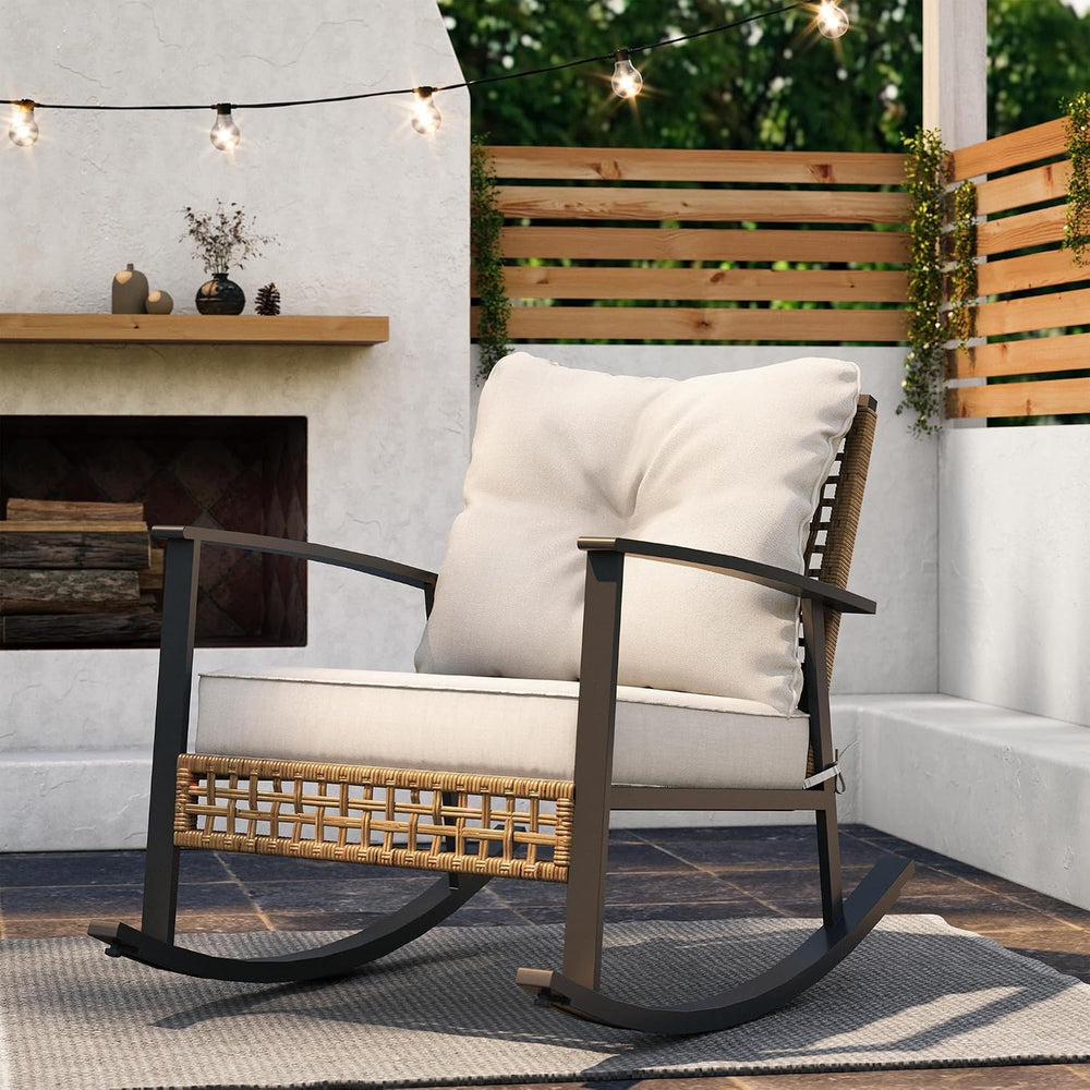 LAUSAINT HOME Outdoor Wicker Rocking Chair, Oversized Patio Chair Comfy Rocke...