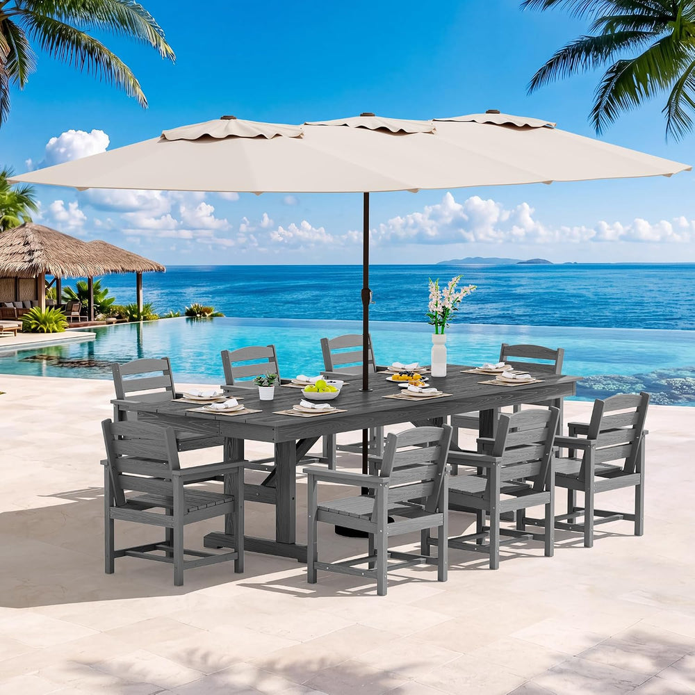 SERWALL 10Pcs 84" HDPE Outdoor Dining Set w/Armchairs & Umbrella,Gray