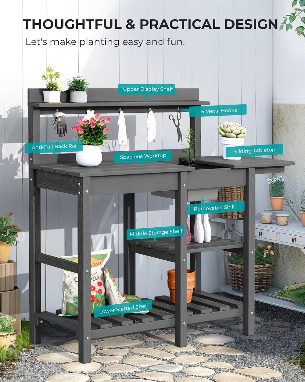 SERWALL Outdoor Potting Bench with Removable Sink,Gardening Table,Grey