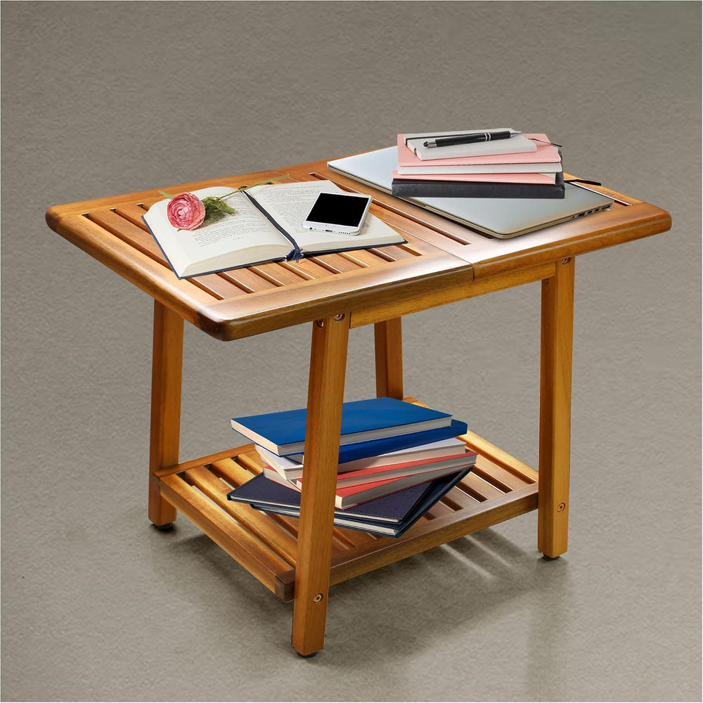 ENKEZI Acacia 24 Inches Outdoor Side Table, 2-Tier Sturdy Patio, End Table We...