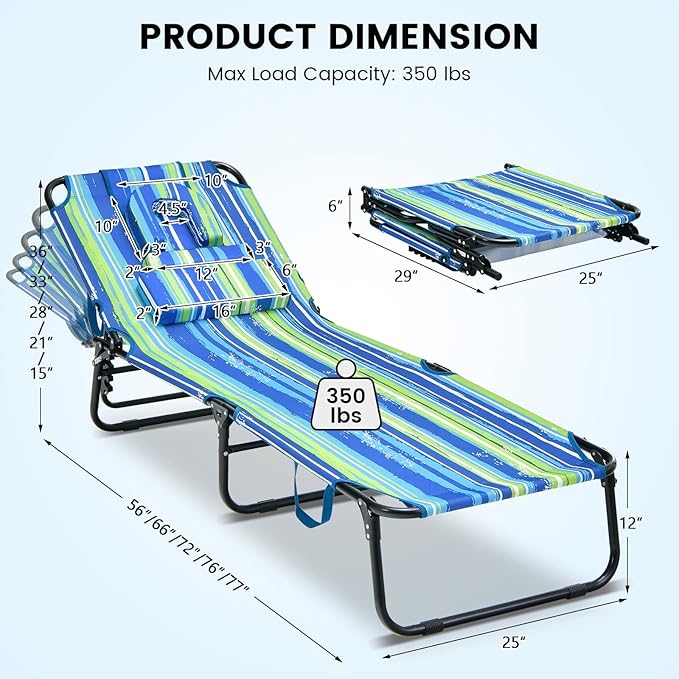 GYMAX Tanning Chair, 350lbs Beach Lounge Chair with Face Hole, Washable Pillo...