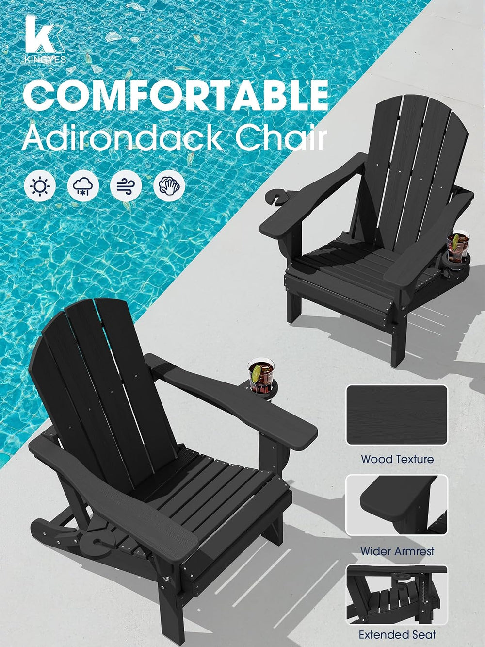 KINGYES Folding Adirondack Chair Set of 6 with 2 Cup Holders, Black