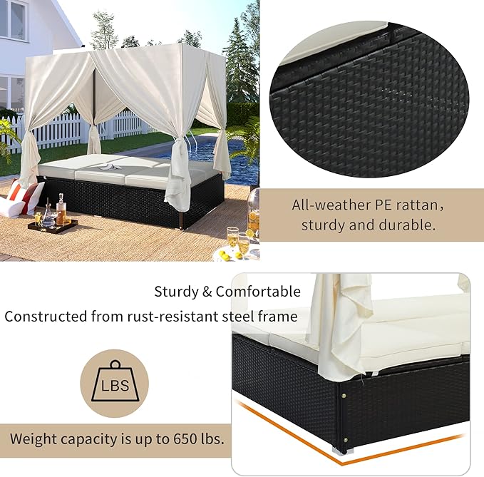 Patio Chaise Lounge, PE Rattan Outdoor Patio Wicker Sunbed Daybed with Adjust...