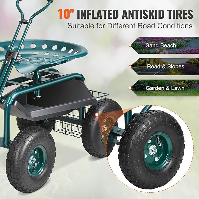 VEVOR Garden Cart Rolling Workseat with Wheels, Gardening Stool for Planting,...