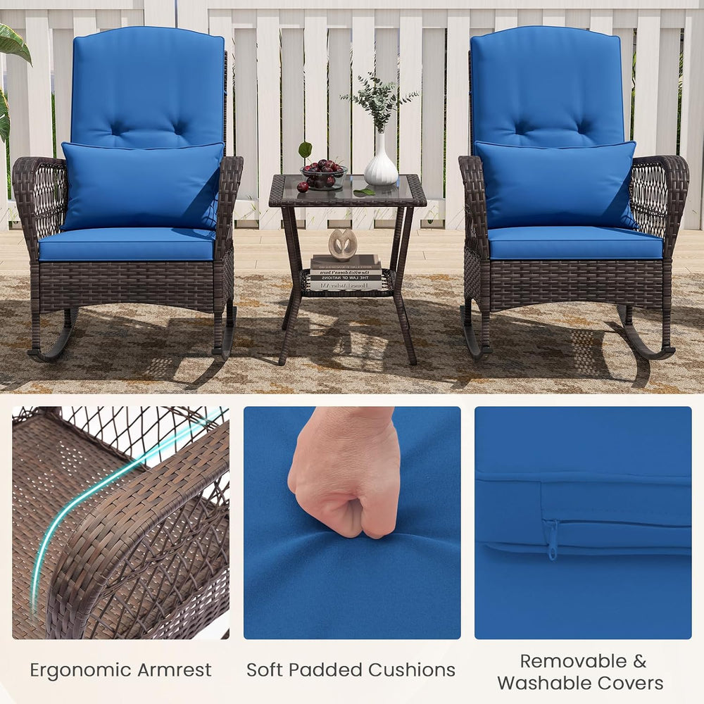 ORALNER 3 Pieces Patio Rocking Chair Set, Wicker Bistro Set (Navy)