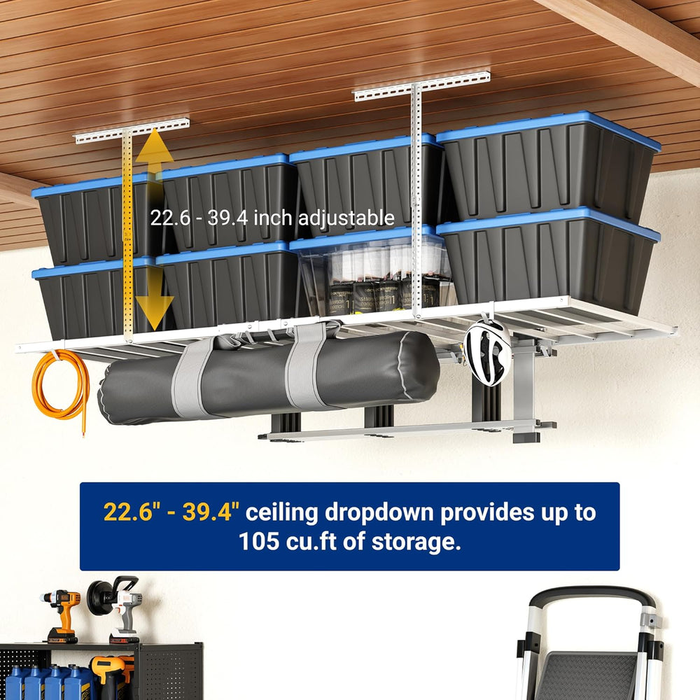 FLEXIMOUNTS 4x8 Overhead Garage Ceiling Storage Rack with 6 Hooks, White