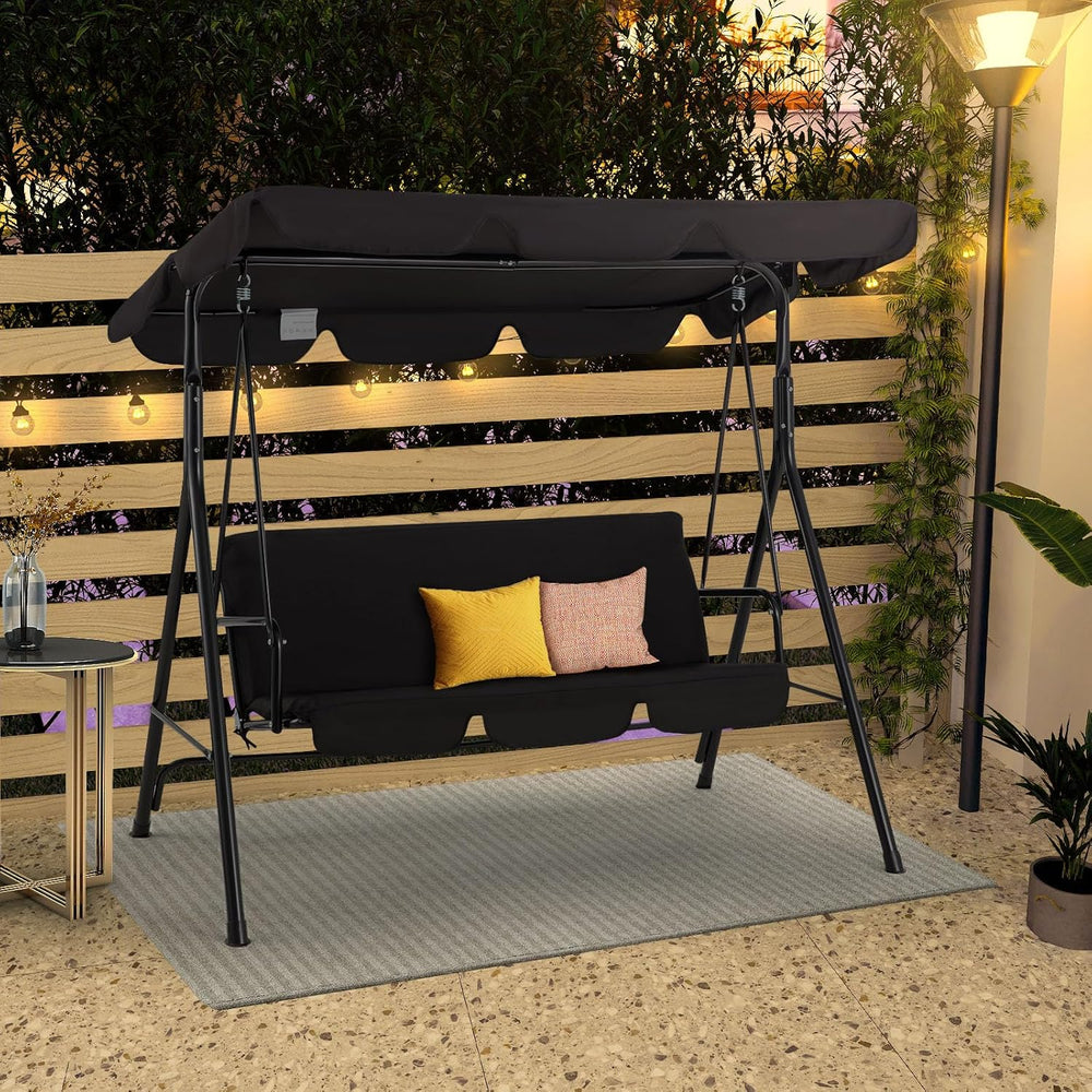 Esright 3-Seat Outdoor Porch Swing Chair with Adjustable Canopy, Balck