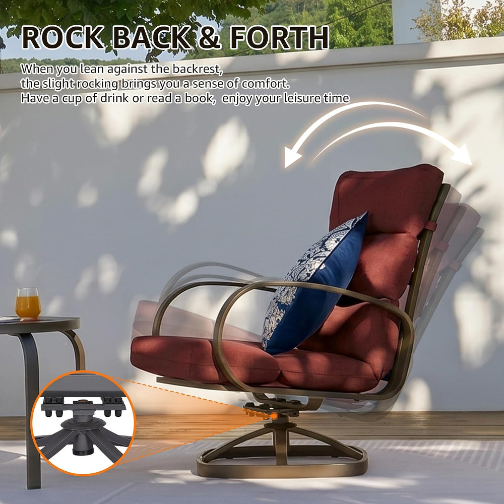 3 Piece High Back Patio Bistro Set, Outdoor Swivel Rocker Chair, Burgundy