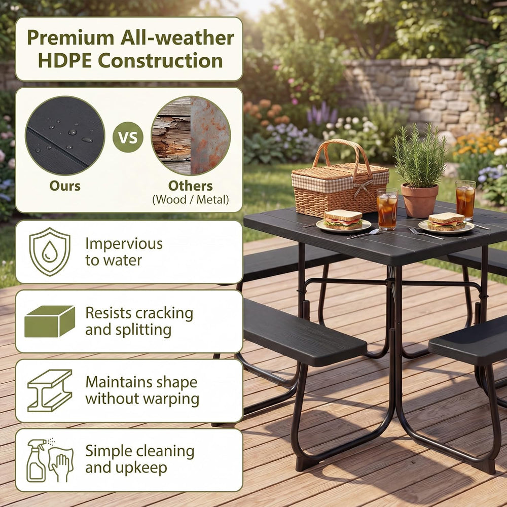 GYMAX Picnic Table Bench with Umbrella Hole, 8 Person Square Outdoor Picnic T...